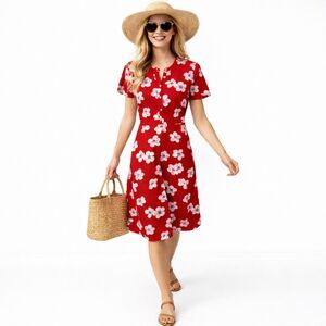 J. Crew Red Cherry Blossom Print Cotton Button-Down Shirtdress | EUC | Sz. 0